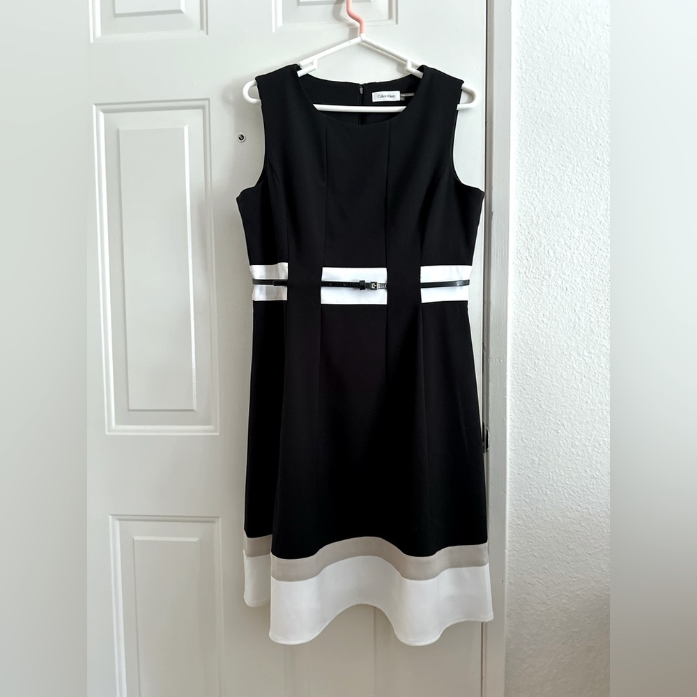 Calvin Klein Black, White, Tan Sleeveless Belted Dress - Size 12